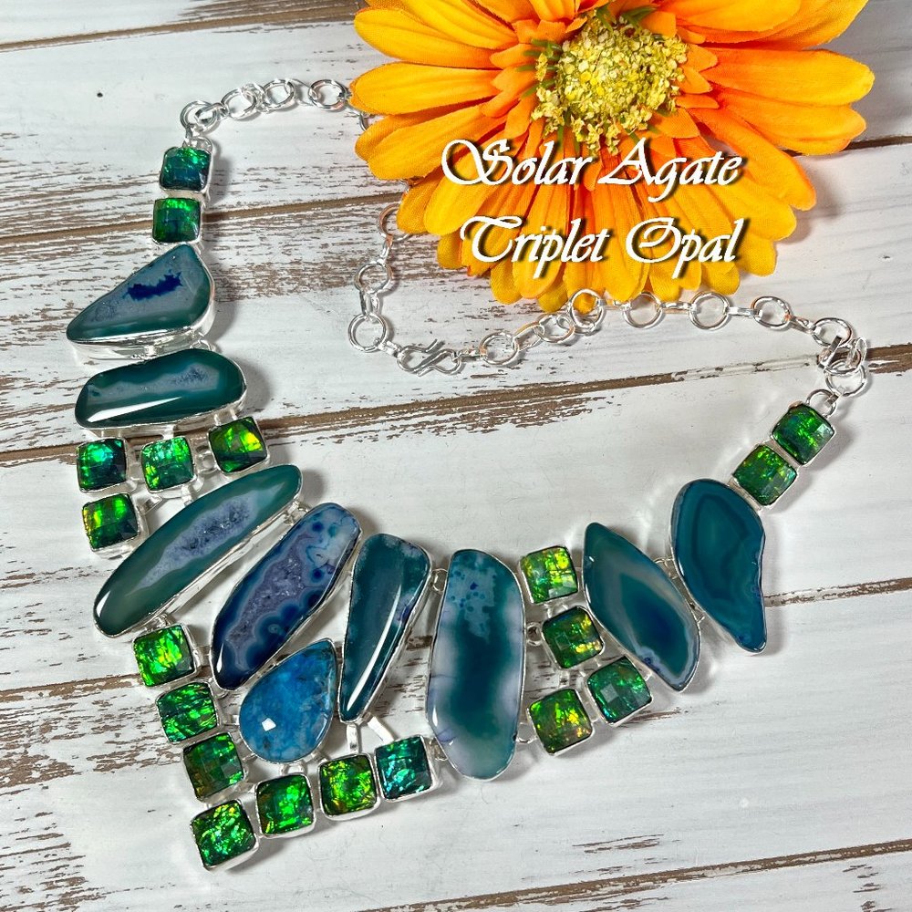 Solar Agate Necklace Triplet Opal Ocean Blue Large Handmade 925 Silver Boho New! - Picture 15 of 16